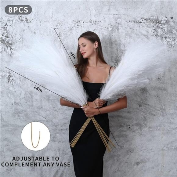 8 Pcs 45 inch Tall Faux Pampas Grass Decor, Large Artificial White Pompous - Picture 3 of 7